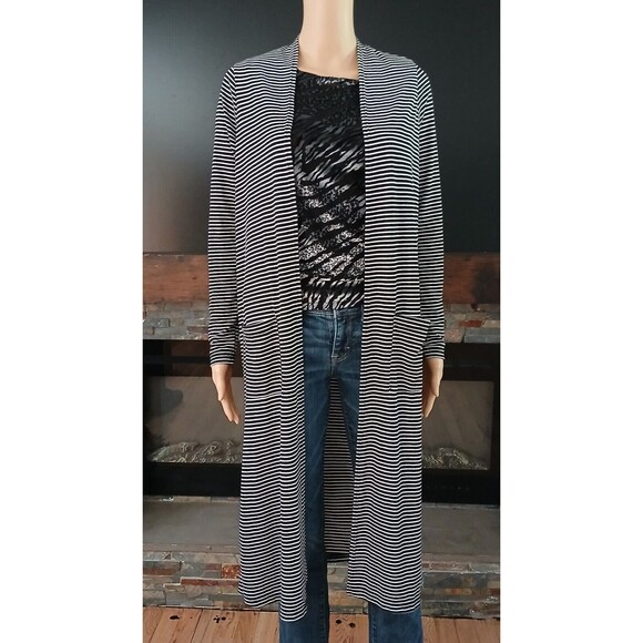 Kye Mi Women's Long Cardigan Open Front Lightweight Pockets Striped Flowy Jacket - Picture 8 of 11